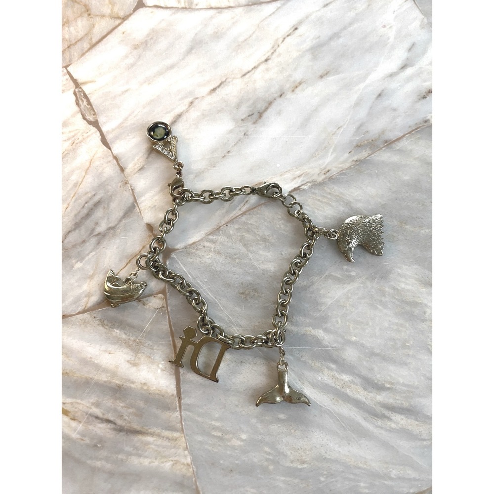 Gold Tone Nautical Charm Bracelet Fish Whale Tail ID Initial Rhinestone V Clasp